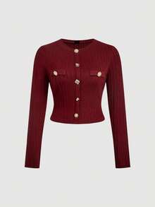 SHEIN MOD Plus Size Elegant Burgundy Knit Cardigan Top,Gold Button Details Round Neck Long Sleeve Textured Knit,Autumn Tea Party Wedding Guest Vintage Fashion - Burgundy - View 1