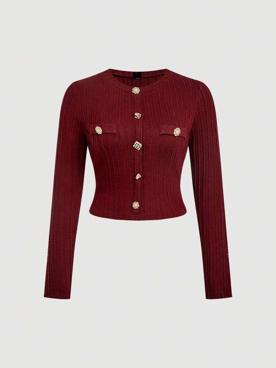 SHEIN MOD Plus Size Elegant Burgundy Knit Cardigan Top,Gold Button Details Round Neck Long Sleeve Textured Knit,Autumn Tea Party Wedding Guest Vintage Fashion - Burgundy - View 1