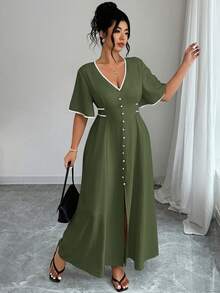 Vestido midi elegante de talla grande para mujer con cuello en V, contraste de ribete, mangas de vuelo y abertura alta en la cintura - Verde Oliva - Ver 5