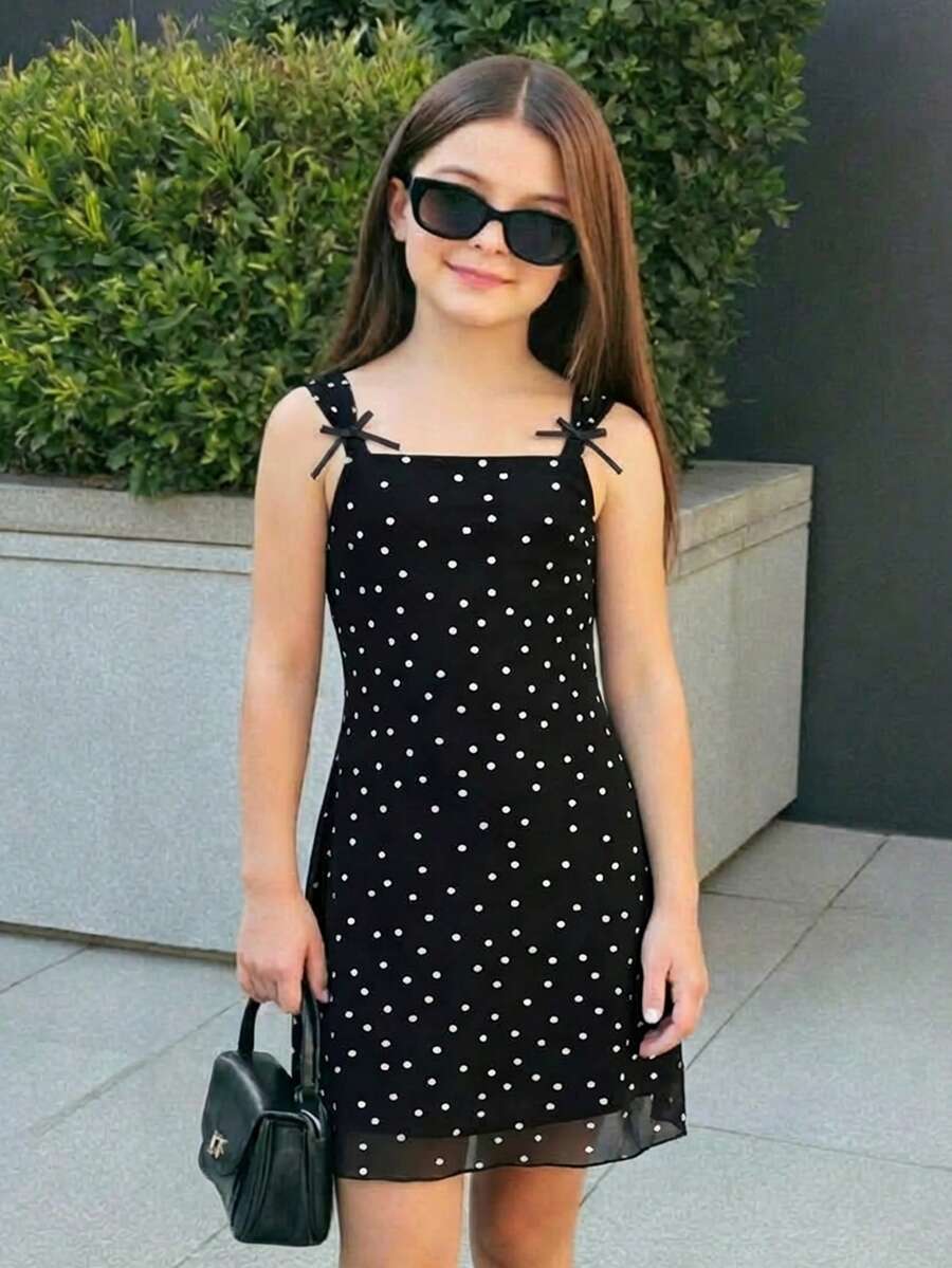 1-Piece Tween Girls Elegant Soft Nylon Long-Sleeve Gentle-Texture Charming Dress Ideal For School Outings Family-Gatherings Autumn-Winter Multi-Scenario Cozy Wear - Black - View 1