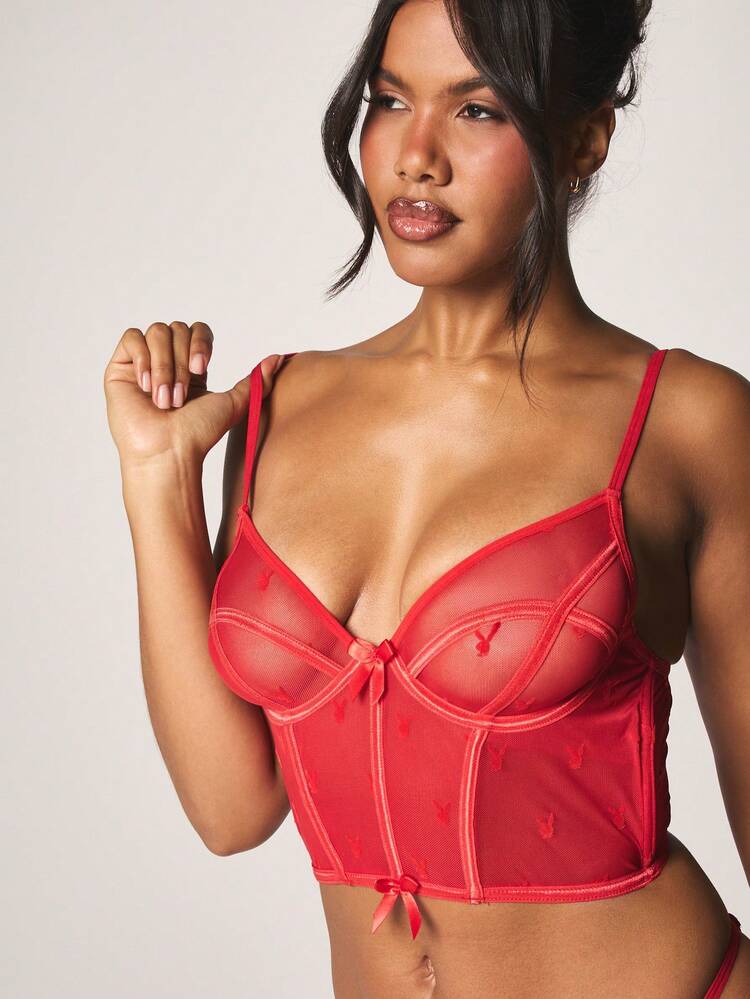 Missguided x Playboy Mesh Underwire Bra And Thong Lingerie Set With Contrast Stitching Bow Detail Valentine Intimate Boudoir, Sexy Outfit