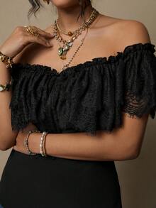 Freevana 大码浪漫优雅复古波西米亚风黑色蕾丝拼接露肩荷叶边女式T恤，春季新款音乐节 - 黑色 - 查看 6