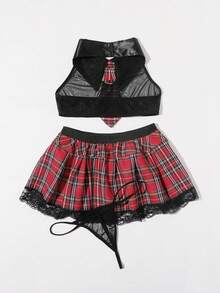 Tartan Costume Lingerie Set With Thong - Multicolor - View 2