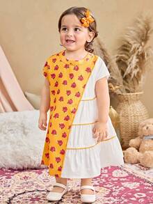 SHEIN Đầm tay ngắn họa tiết hoa nhiều màu dễ thương cho bé gái đi nghỉ mát - Màu vàng - Xem 3
