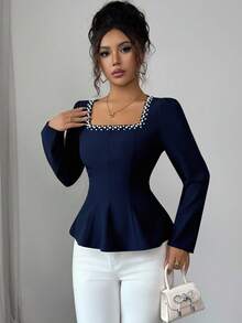 Elenzga Women's Solid Color Square Collar Pearl Decor Waist Cinched Long Sleeve Blouse, Autumn - Navy Blue - View 6