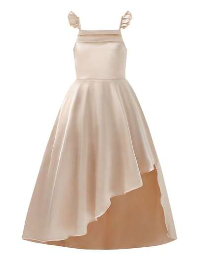 Tween Girls' Elegant Champagne Satin Ruffle Sleeve Long Fitted Formal Dress, Suitable For Evening Party, Christmas, Halloween, Wedding, Prom, Graduation, Back To School And Other Occasions