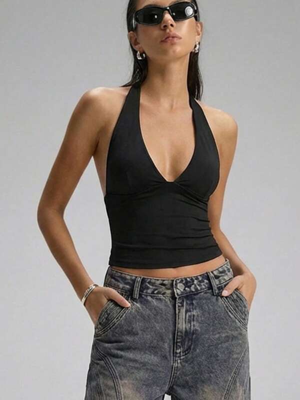 SHEIN EZwear 女士纯色褶皱修身深V领吊带背心