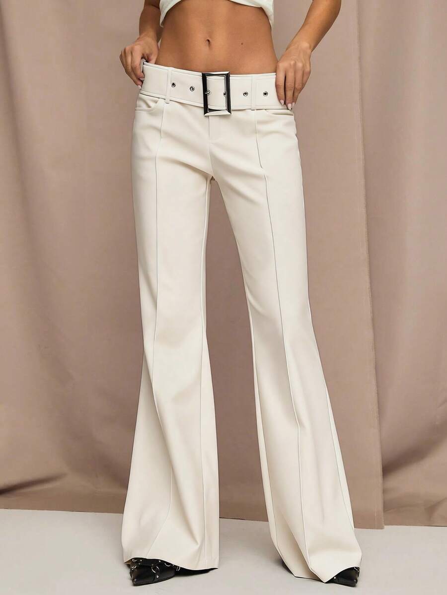 SHEIN BAE 女士纯色前缝金属孔眼喇叭裤 - 白色 - 查看 1