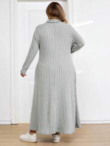 SHEIN CURVE+ Plus Size Women Ribbed Turtleneck Long Sleeve A-Line Knit Dress, Autumn/Winter - Green - View 2