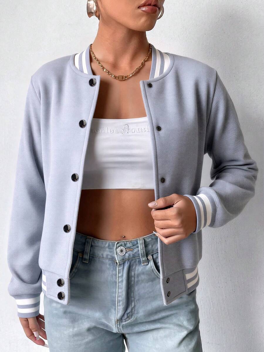 Chaqueta de béisbol para mujer - Prenda casual con diseño de costuras decorativas - Abrigo femenino moderno y elegante - Gris - Ver 1