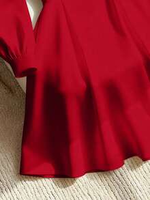 GlowEve CURVE Plus Size Women's Long Sleeve Crossover Fitted Metal Double Buckle Elegant White Dress, Spring/Autumn - Red - View 3