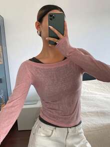 DAZY 2 piezas Conjunto de camiseta de manga larga y camiseta sin mangas de ajuste ceñido de unicolor para mujer, ropa casual de vacaciones, conjunto de ropa de estar en primavera/otoño para mujer - Rosa - Ver 4