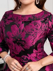 Ellevyn 大码女士优雅提花长袖中长连衣裙，适合派对和外出，秋冬季 - 玫紅色 - 查看 4