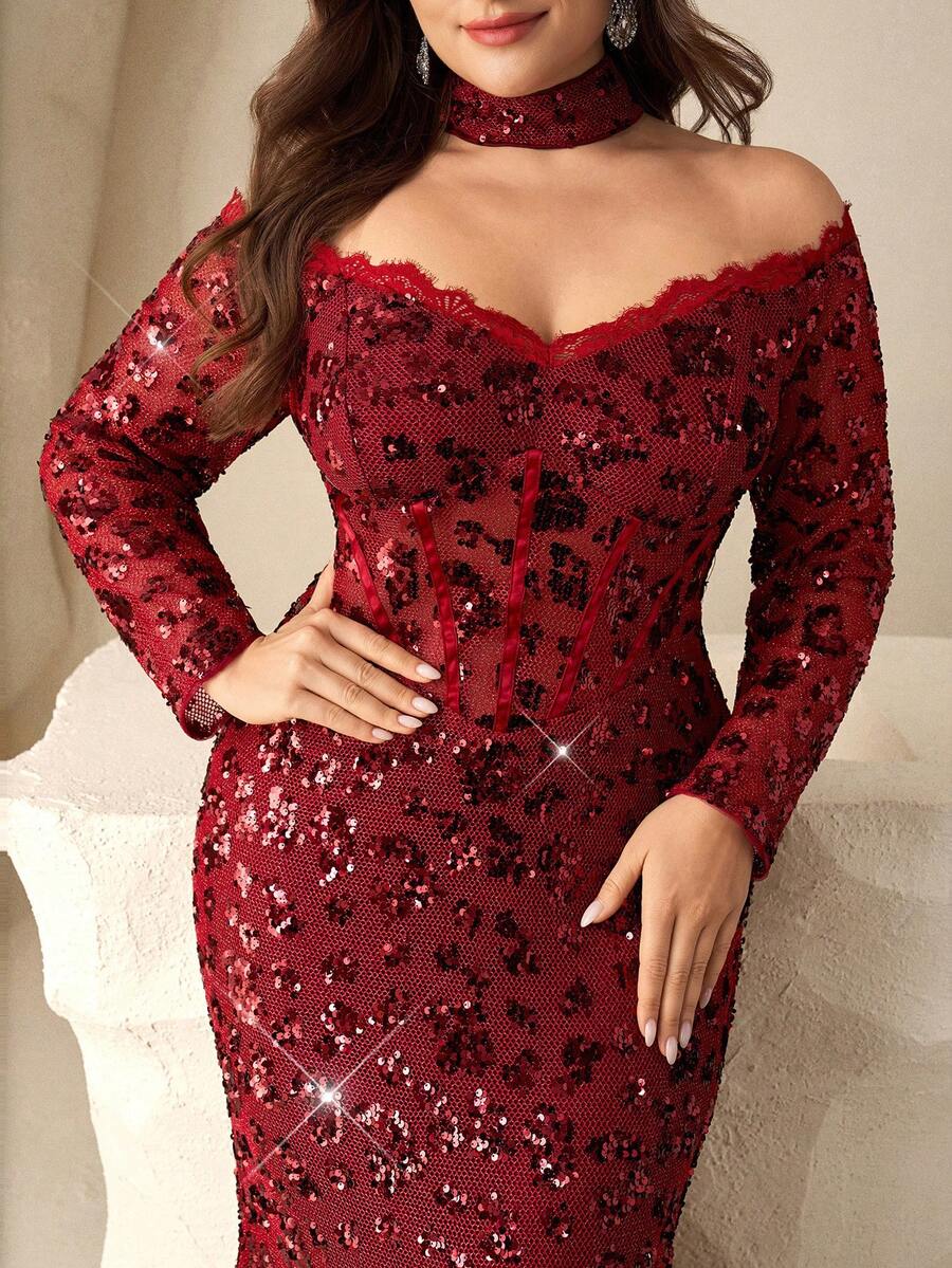 Coutiva Plus Size Women's Burgundy Spring Elegant Evening Formal Dress,Off-Shoulder Lace Patchwork Sequin Gown With Detachable Collar And Faux Fishbone