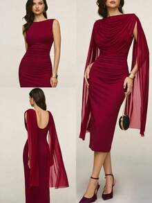 Poéselle Women's Burgundy Summer Elegant Dining Two-Piece Set,Ruched Shawl Top & Sleeveless Slim-Fit Midi Dress With Gold Brooch,Wedding Cocktail Party Outfit - Burgundy - View 10