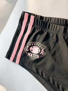 Comfortcana Quần short thể thao nữ màu đen dệt kim, kiểu dáng thường ngày, họa tiết chữ cái, chi tiết gân nổi, quần short thể thao, quần short biker, quần short nữ. - màu đen - Xem 5
