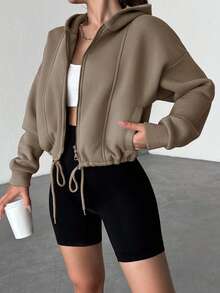 Áo hoodie có dây rút vai bằng cotton, kéo khóa - Lạc đà - Xem 4