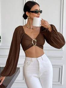 SHEIN Frenchy 女士时尚性感不对称露脐上衣 - 棕色 - 查看 6