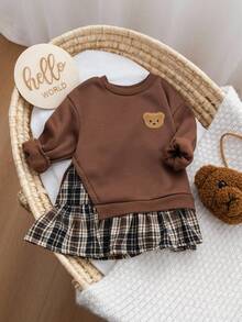 Firerie Kids Firerie Kids 女童卡其色卫衣拼接格子裙卫衣连衣裙，复古时尚百搭休闲日常装