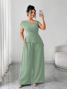 Elenzga 大码女式两件套，无袖上衣配肩带装饰和阔腿裤，优雅荷叶边袖设计，适合返校、毕业典礼、情人节、音乐节、母亲节、万圣节、感恩节、复活节、国庆节、舞会、约会、婚礼、户外活动等场合。 - 綠色 - 查看 3