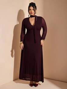 SHEIN BAE Vestido largo minimalista de talla grande con escote en V, cintura ceñida y ribete de encaje, color borgoña, otoño, elegante, atuendo de Navidad y Año Nuevo para mujeres, vestido de invitada de boda - Café integral - Ver 6