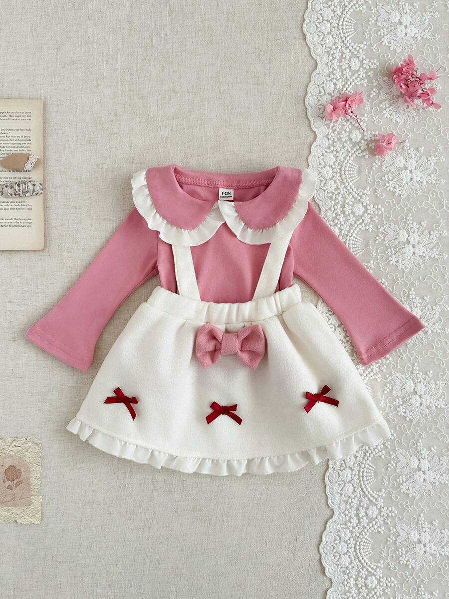 SHEIN 2pcs/Sets Fall Outfits For Girl Casual And Preppy Style Suit,Babydoll Top Top&Dress - Pink - View 1