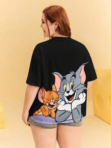 TOM & JERRY X SHEIN 大码可爱卡通图案圆领落肩短袖T恤，夏季 - 黑色 - 查看 3