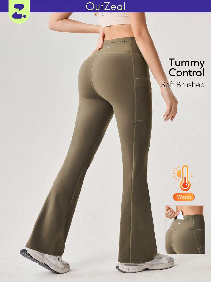 OutZeal 女士保暖磨毛衬里交叉腰后口袋喇叭户外打底裤冬季日常休闲 - 軍綠色 - 查看 1