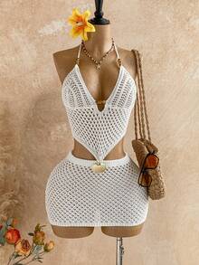 Soleia New Casual Vacation Western Beach Wedding Guest Attire Graduation Brunch Women's St. Patrick's Day Spring Break Easter Music Festival Elegant Bohemian Tropical Backless Halter Tie Shell Decor Knit Dress,Sweater Dresses For Women - Apricot - View 1