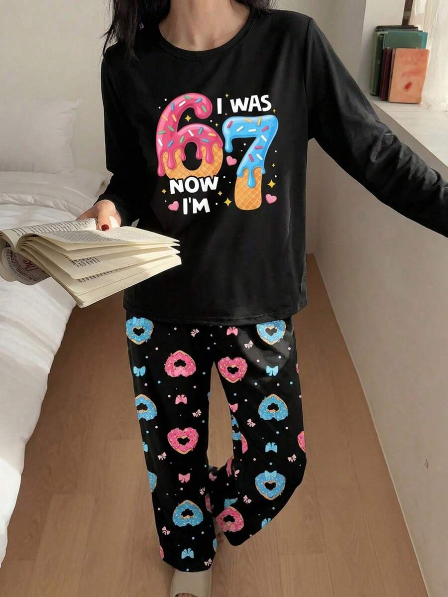 少女两件套睡衣,彩色甜甜圈印花长袖上衣和爱心/甜甜圈/蝴蝶结印花长裤,休闲家居服,适合日常穿着 - 黑色 - 查看 1