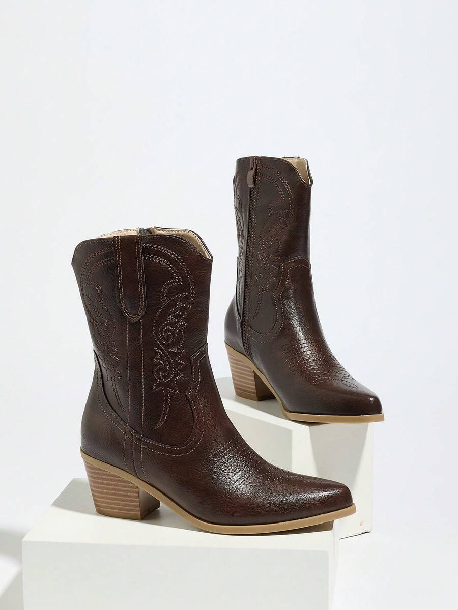 Daringsoles Women's Embroidered Side Zipper Casual Mid-Calf Boots, Versatile For Daily Wear, Autumn/Winter Valentine's Day