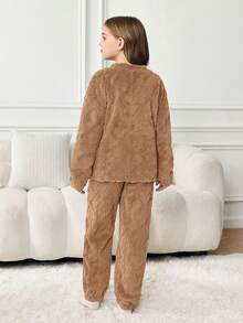 SHEIN Leap Crew 少女标语刺绣羊毛混纺长袖上衣和裤子睡衣套装 - 駝色 - 查看 2