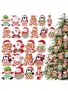 60件圣诞木制装饰品，棒棒糖造型，圣诞老人、雪人、企鹅、姜饼人等装饰挂件，带绳木制工艺品，适合家庭聚会、节日、圣诞派对装饰 - 彩色 - 查看 2