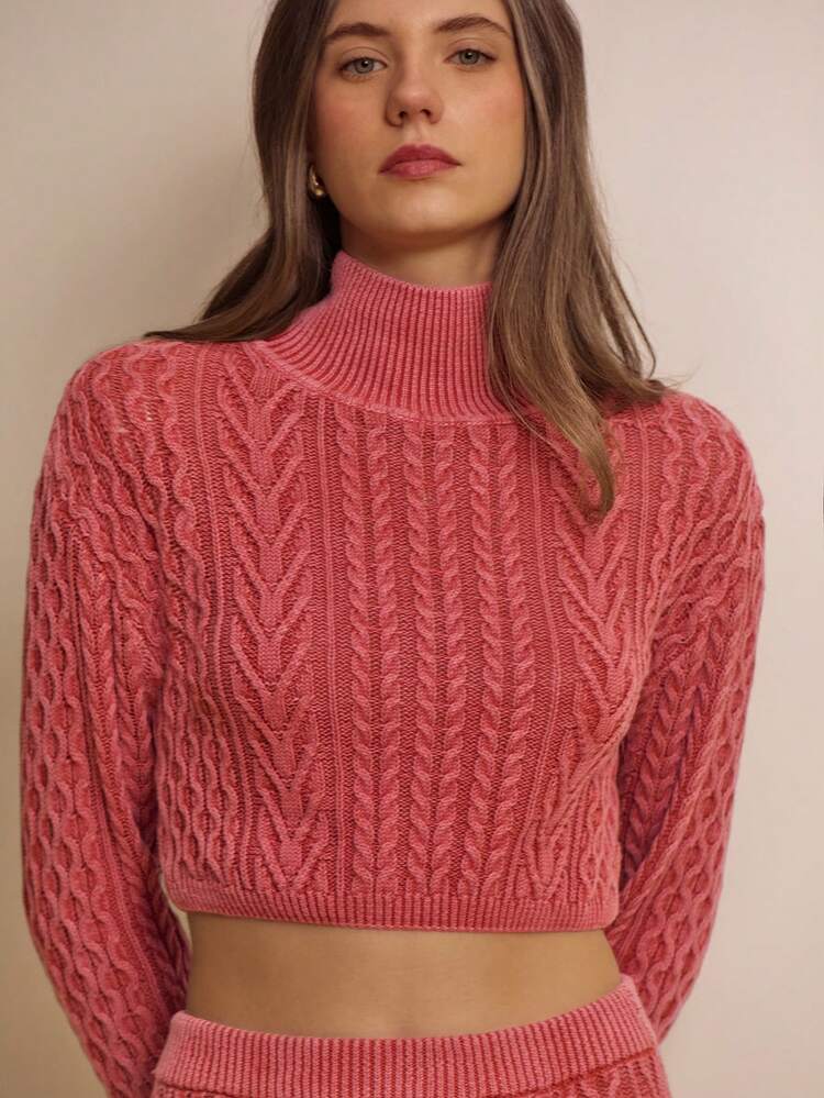 Red Fitted Cable-Knit Sweater With Washed Effect Red Jumper Going Out Spring Red Knitwear French Style