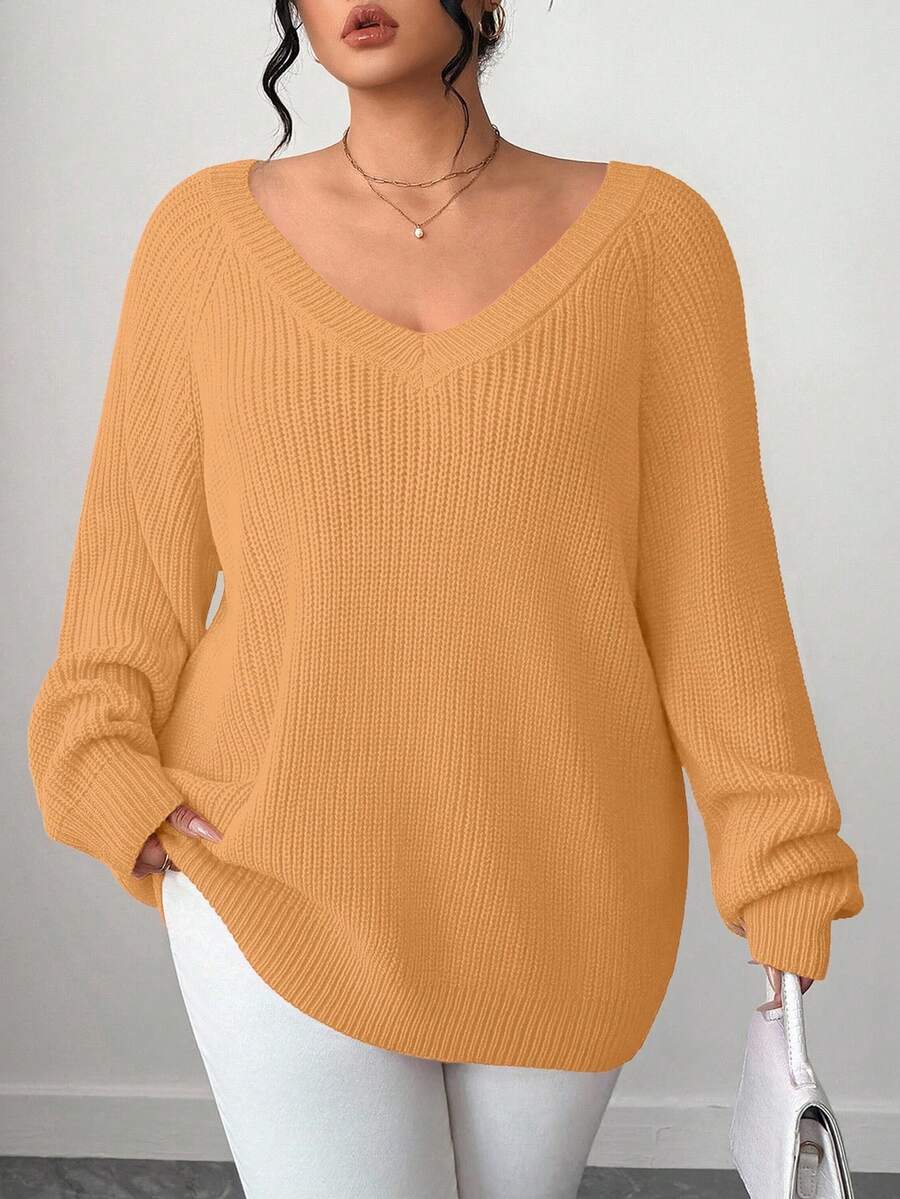 SHEIN Tall CURVE Plus Size Casual V-Neck Raglan Sleeve Pullover Sweater - Camel - View 1