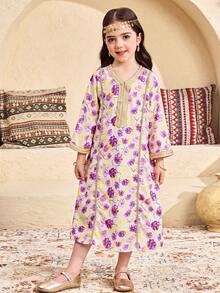 SHEIN Baby Purple Autumn Traditional Wedding Girls Floral Embroidered Bowknot V-Neck Long Sleeve Maxi Dress,Kids Prayer Abaya,Modest Kaftan Jalabiya,Lilac - Purple - View 6