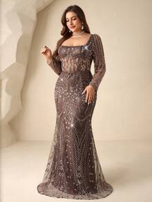 Coutiva Đầm dài tay đính sequin ngọc trai sang trọng cỡ lớn với cổ vuông khoét sâu và lưng hở (thiết kế cao cấp, bền chắc) cùng chân váy kiểu đuôi cá; thích hợp cho các sự kiện dạ hội trang trọng, dự đám cưới, lễ tốt nghiệp và tiệc sinh nhật. - màu nâu - Xem 8