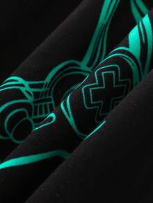 Teen Boy Glow-In-The-Dark Snug Fit Pajama Set, Video Game Controller Print Short Sleeve Top And Long Pants, Esports Style For Summer - Black - View 8