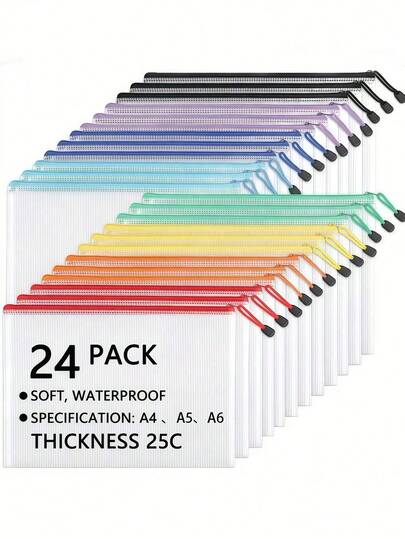 Set da 24 pezzi, borse a rete con cerniera impermeabili formato A4/A5/A6, adatte per progetti di ricamo e puzzle, ideali per viaggi, scuola, ufficio e forniture, serie di colori macaron in 8 colori. Articoli per il ritorno a scuola, necessità scolastiche, forniture per il ritorno a scuola.