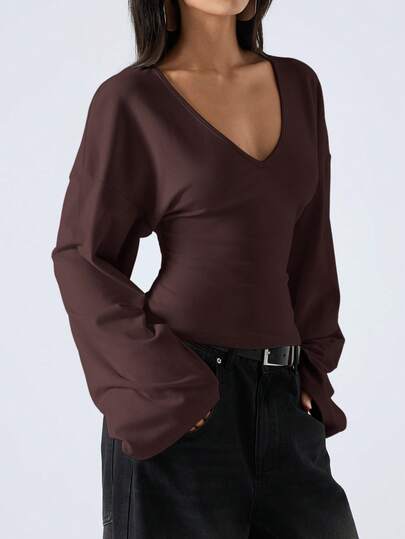 LYSMO Brown Casual Rib-Knit V Neck Top For Women Semi-Sheer Knit With Flare Wrist-Length Sleeves Regular Length Brown Blouses Coffee Brown Top Dark Brown Top Brown Long Sleeve Top Chocolate Brown Top