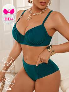 Swim DD+ 女士纯色褶皱挂脖可调节后扣三角比基尼套装 - 藍色 - 查看 6