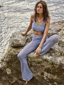 Aralina Women's Elegant Crochet Knit Crop Top And Flared Pants Set Perfect For Christmas Party And New Years And Thanksgiving Outfits - Baby Blue - View 3