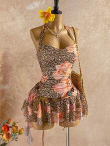 Soleia Váy mini hở lưng in họa tiết da báo và hoa nhiều màu sắc có viền xếp nếp, phong cách kỳ nghỉ - Nhiều màu - Xem 3