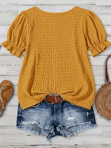 SHEIN VCAY Áo sơ mi nữ cỡ lớn, màu trơn, cổ tròn, tay ngắn phồng, kiểu dáng thường ngày. - Vàng nhạt - Xem 2