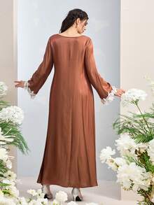Al Najma Women's Elegant Long Sleeve Turkish Kaftan & Arabic Traditional Maxi Dress - Brown - View 7