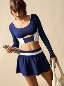 VARSIVA Women's Tennis Sets, Navy Blue And White Color-Blocked Long-Sleeved Mini Tennis Skirt Set, Backless Top, Suitable For Tennis, Gym, Yoga, Holiday, Casual, Spring, Summer, Autumn And Winter - Multicolor - View 1