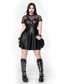 Whyspr Đầm mini dáng chữ A phối lưới, màu trơn phong cách punk dành cho nữ, cỡ lớn. - màu đen - Xem 5