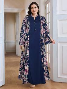Al Najma Vestido casual de vacaciones holgado con cuello en V, estampado floral y manga con abertura para mujer de talla grande - Azul - View 3