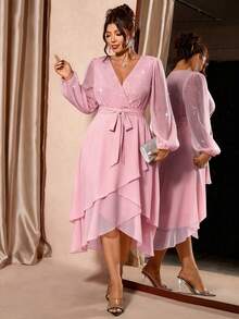 Cravure 女士加大码黑色长袖长款派对连衣裙 - 饰有激光亮片拼接和双层荷叶边下摆 - 粉色 - 查看 4