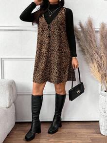 SHEIN Frenchy طقم نسائي كاجوال أنيق بنقشة جلد النمر مقاس كبير، مكون من قطعتين، مناسب للخريف/الشتاء، رأس السنة، حفلات الموسيقى، باللون الأسود - بني - مشاهدة 5